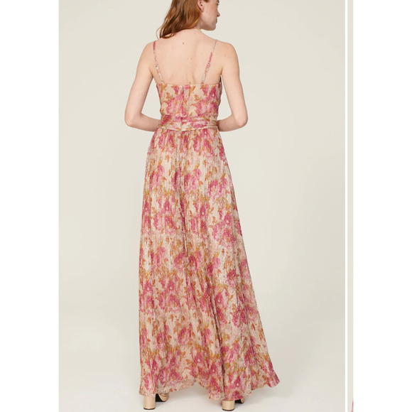 Dress the Population Floral Plisse Maxi Dress XS Metallic Goddess Slip Gown $268 - Picture 3 of 15